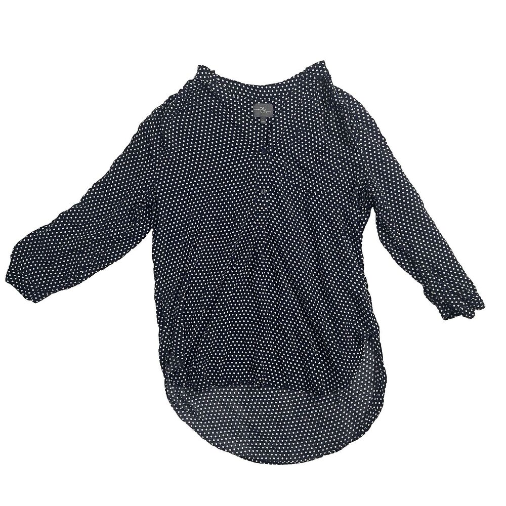 Market & Spruce Navy Blue White Polka Dot Button Up Blouse Women's Large L Rayon